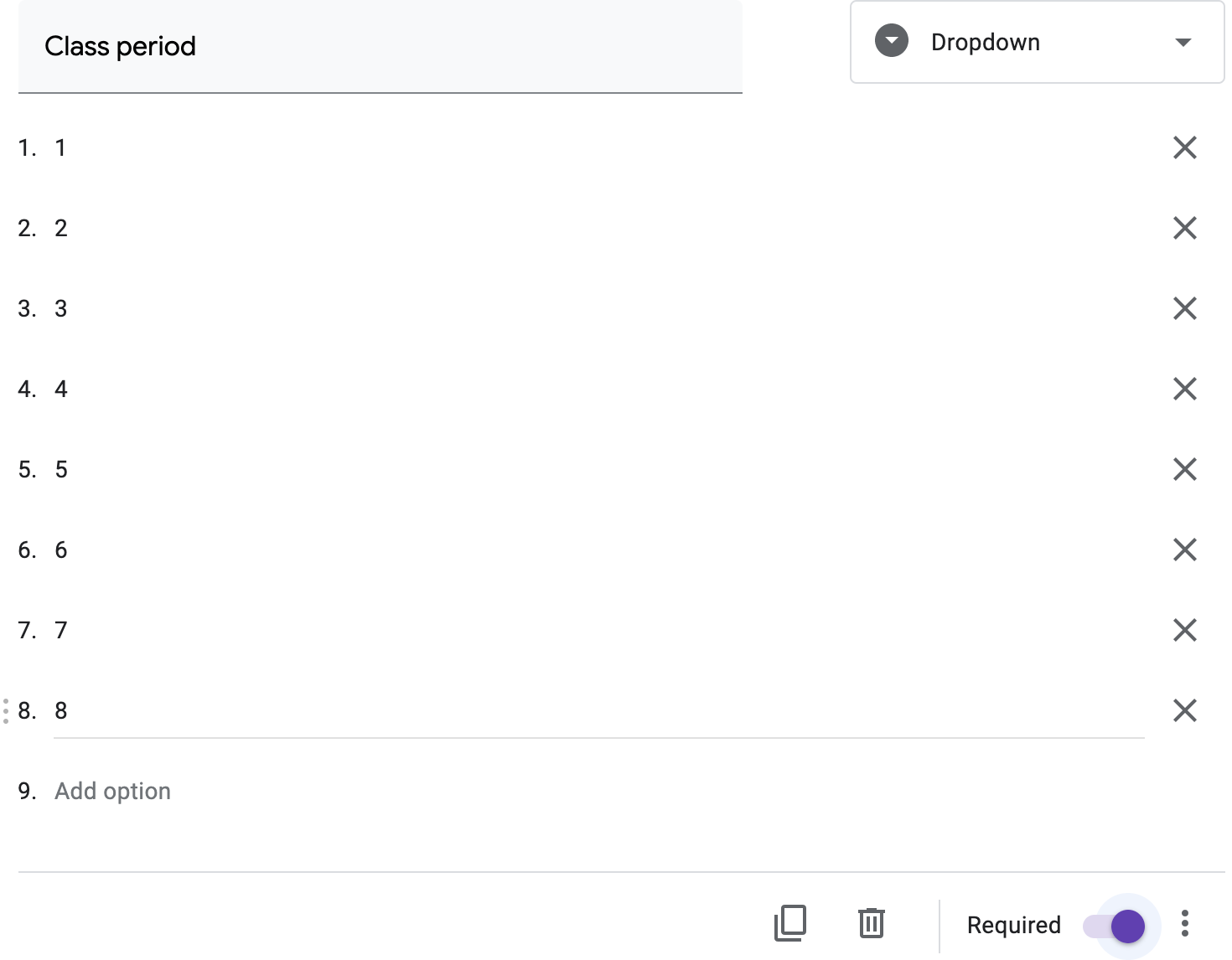 Image of dropdown question for student class period