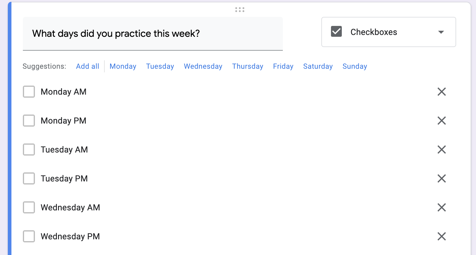 Image of a what days did you practice this week checkbox question with daily AM and PM choices