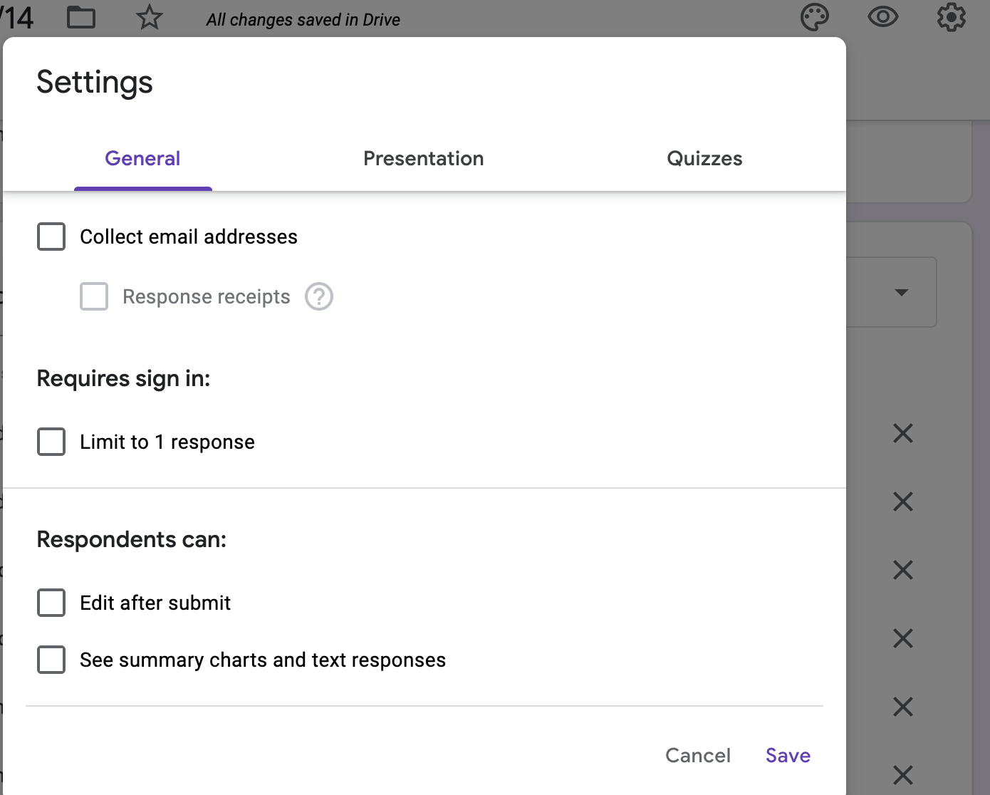 Image of the settings menu in Google Forms
